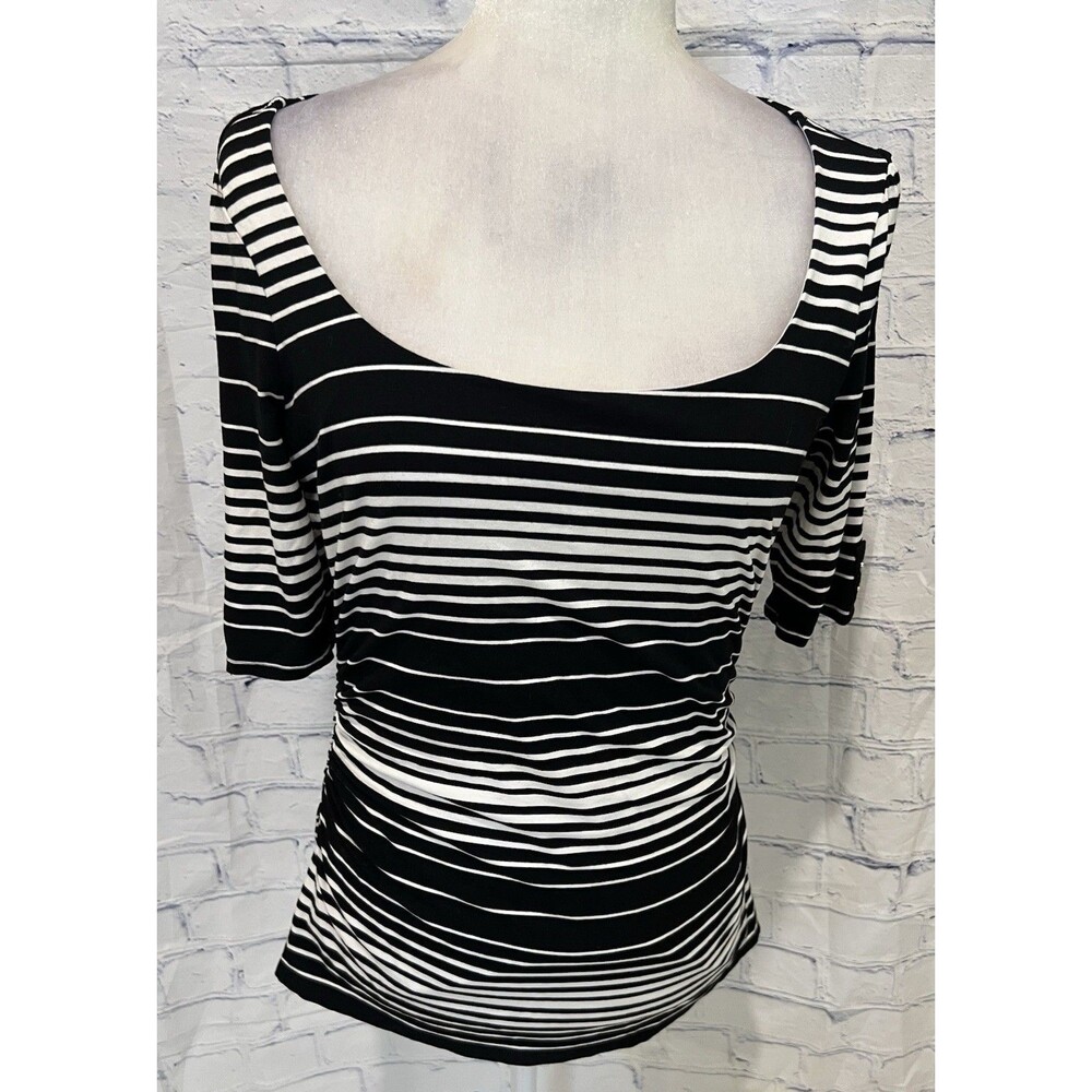 White House Black Market WHBM black & white striped scoop neckline Top Blouse M
